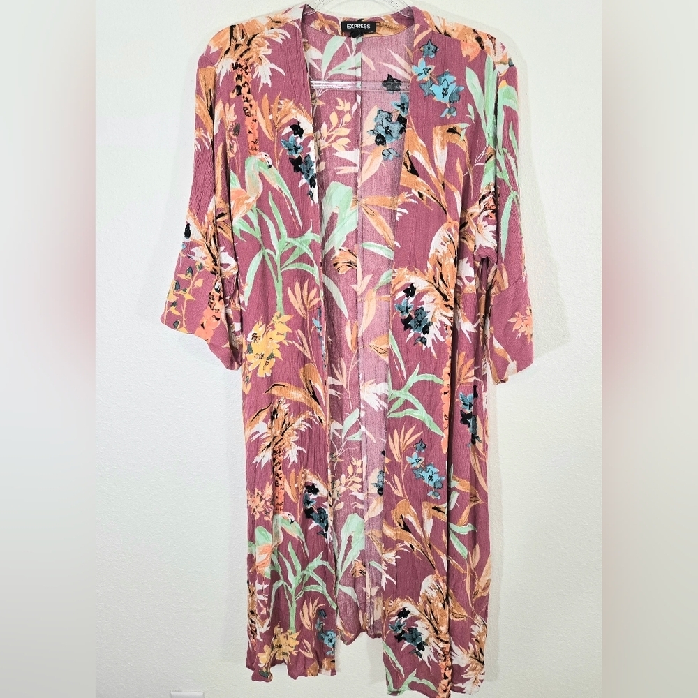Express Pink Floral Long Open Front Kimono 3/4 Sleeves Flowy Tropical, Small
